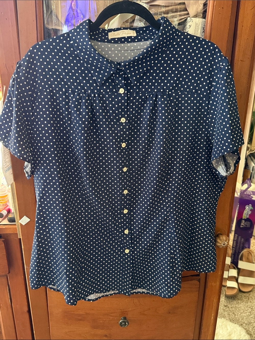 Belle Poque Polka Dot Short Sleeve Women's Button-Up Shirt Navy 3XL (runs small)